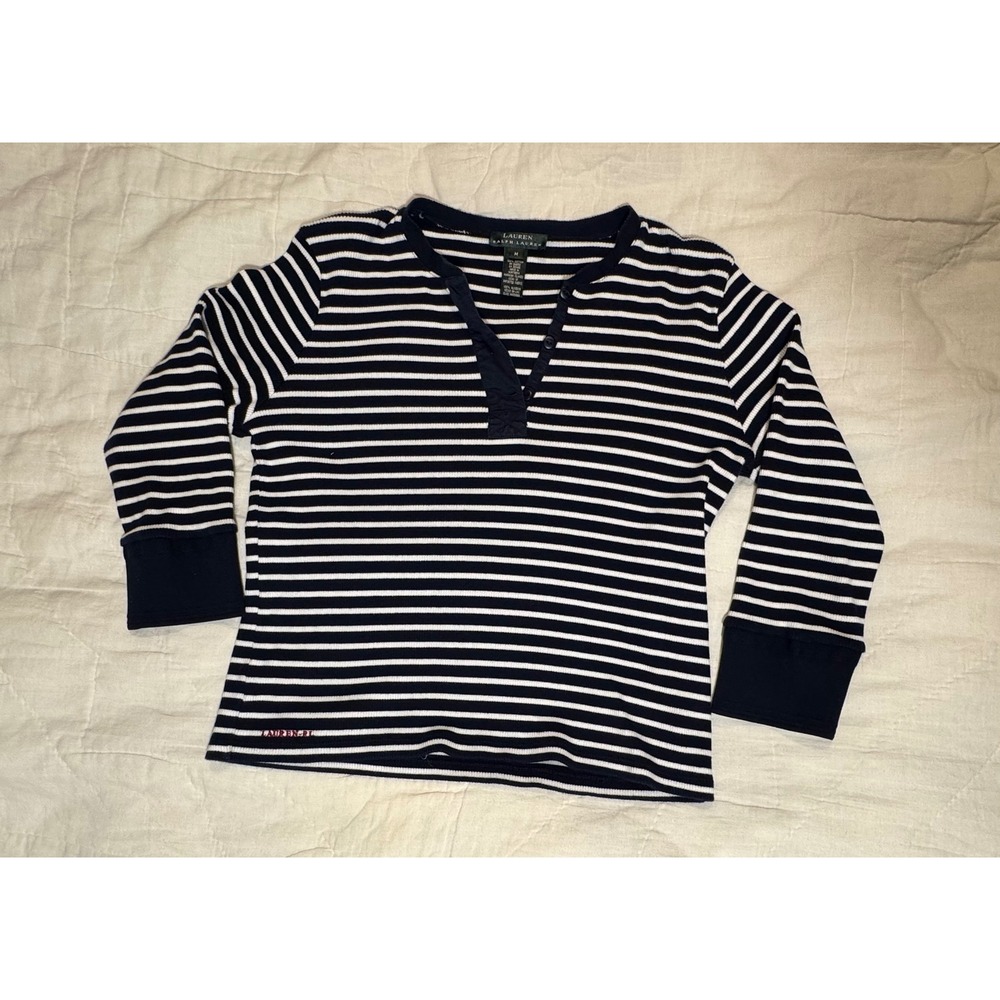 Lauren Ralph Lauren Navy White Striped Henley Shirt Womens Medium Ribbed Cotton